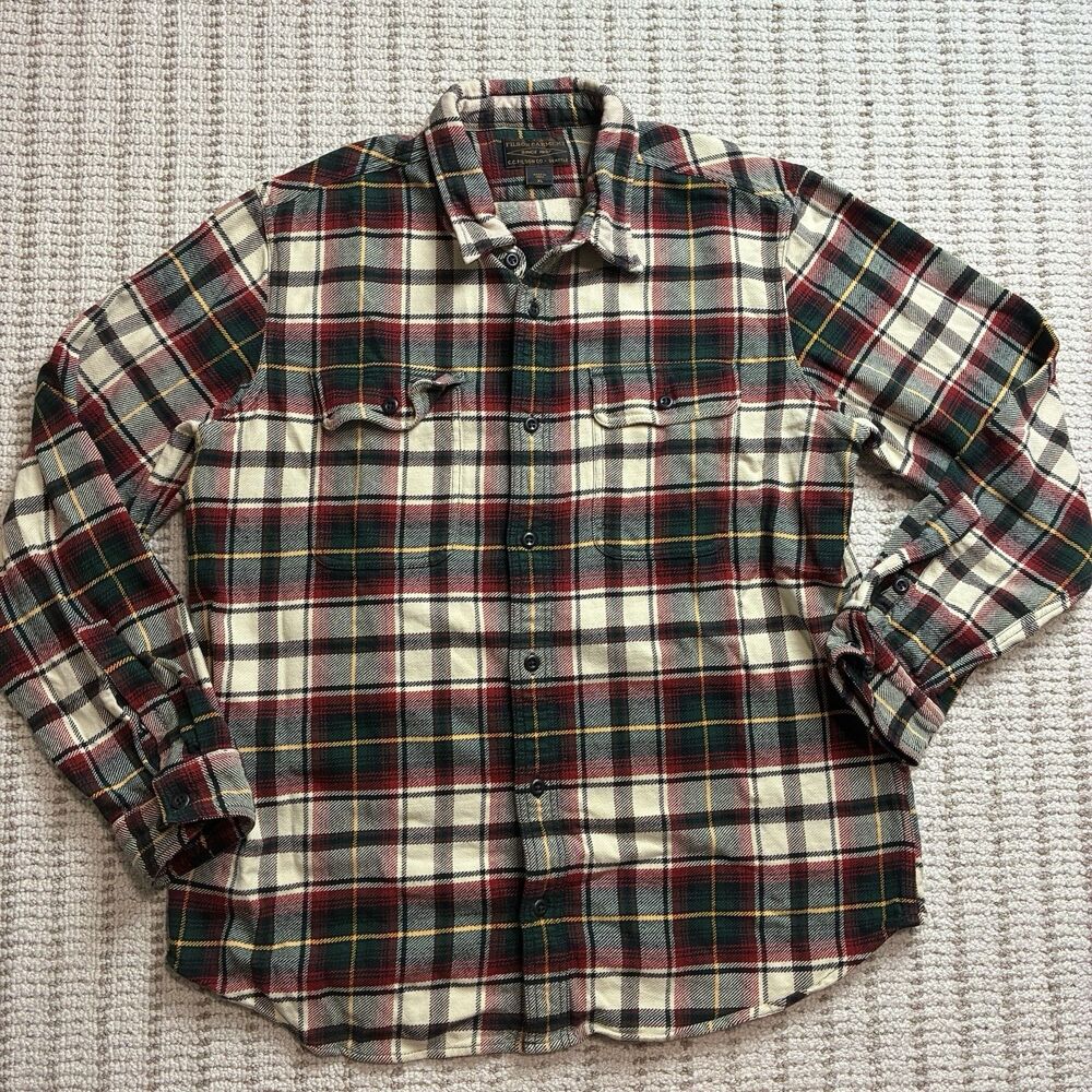 Filson Work Shirt Flannel Button Red White Green Tartan Plaid XL Heavyweight